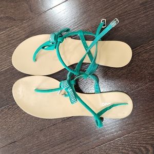 BAMBOO Teal Flat Sandals with Rhinestone Bow Size 10